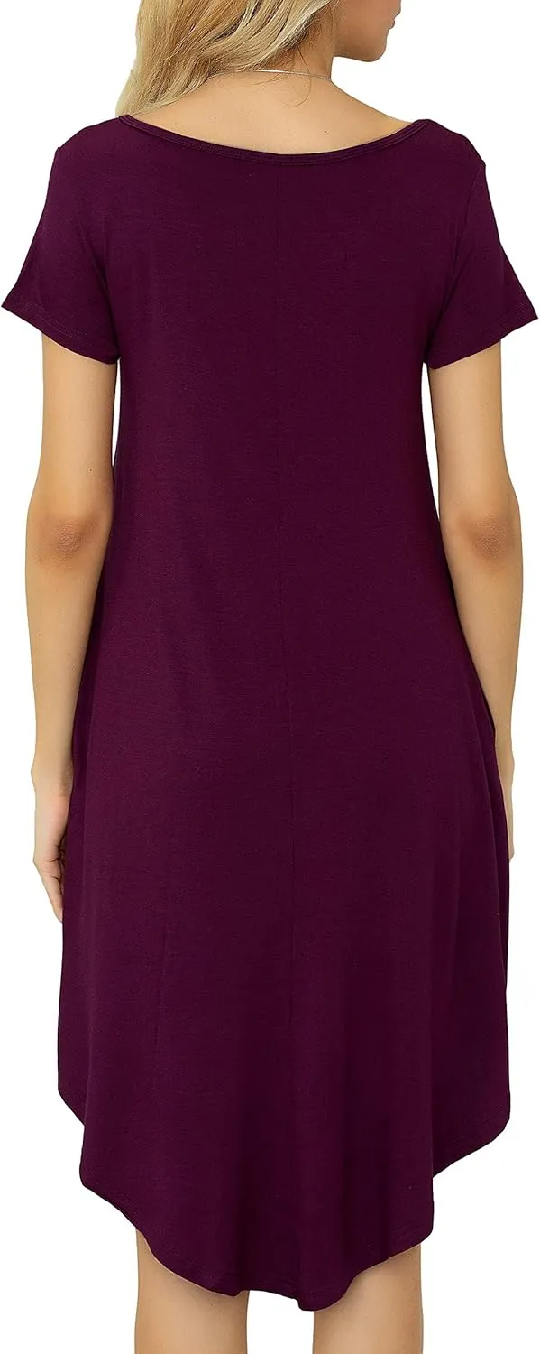 Women Casual Loose Soft Crewneck Short Sleeve Pockets Swing T-Shirt Dress