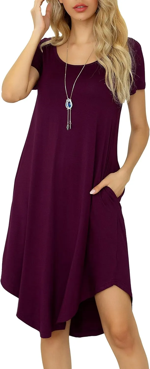 Women Casual Loose Soft Crewneck Short Sleeve Pockets Swing T-Shirt Dress