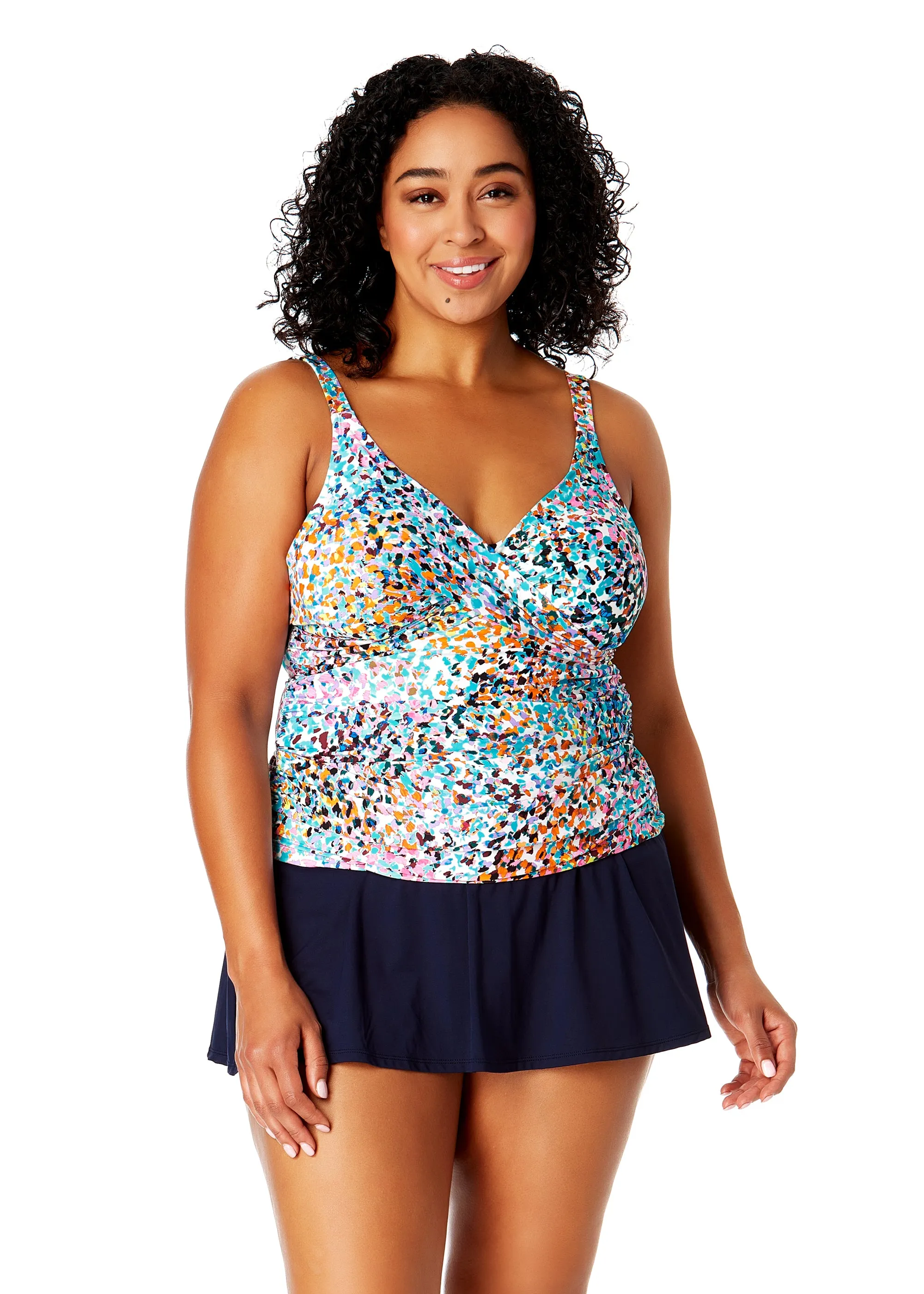 Women's Plus Size Sunset Dot Hidden Underwire Drape Front Tankini Swim Top