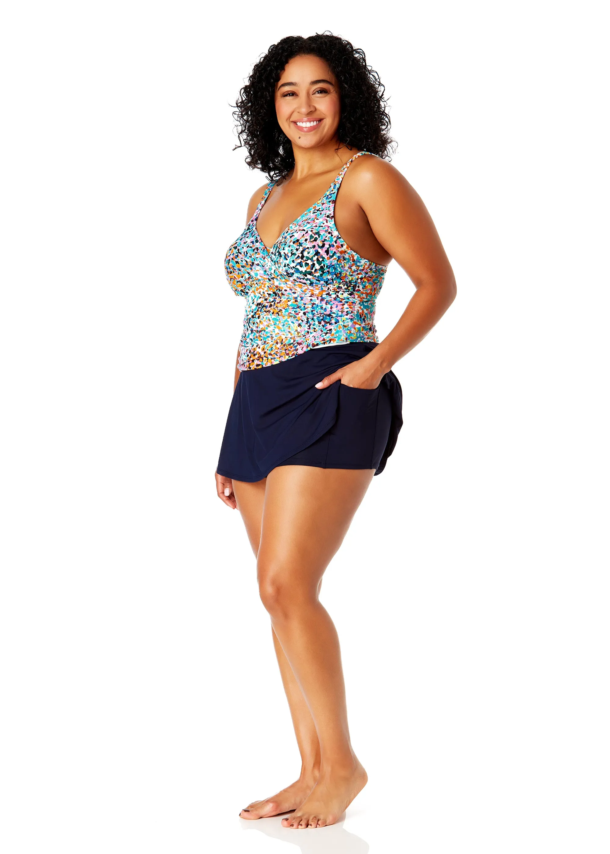 Women's Plus Size Sunset Dot Hidden Underwire Drape Front Tankini Swim Top