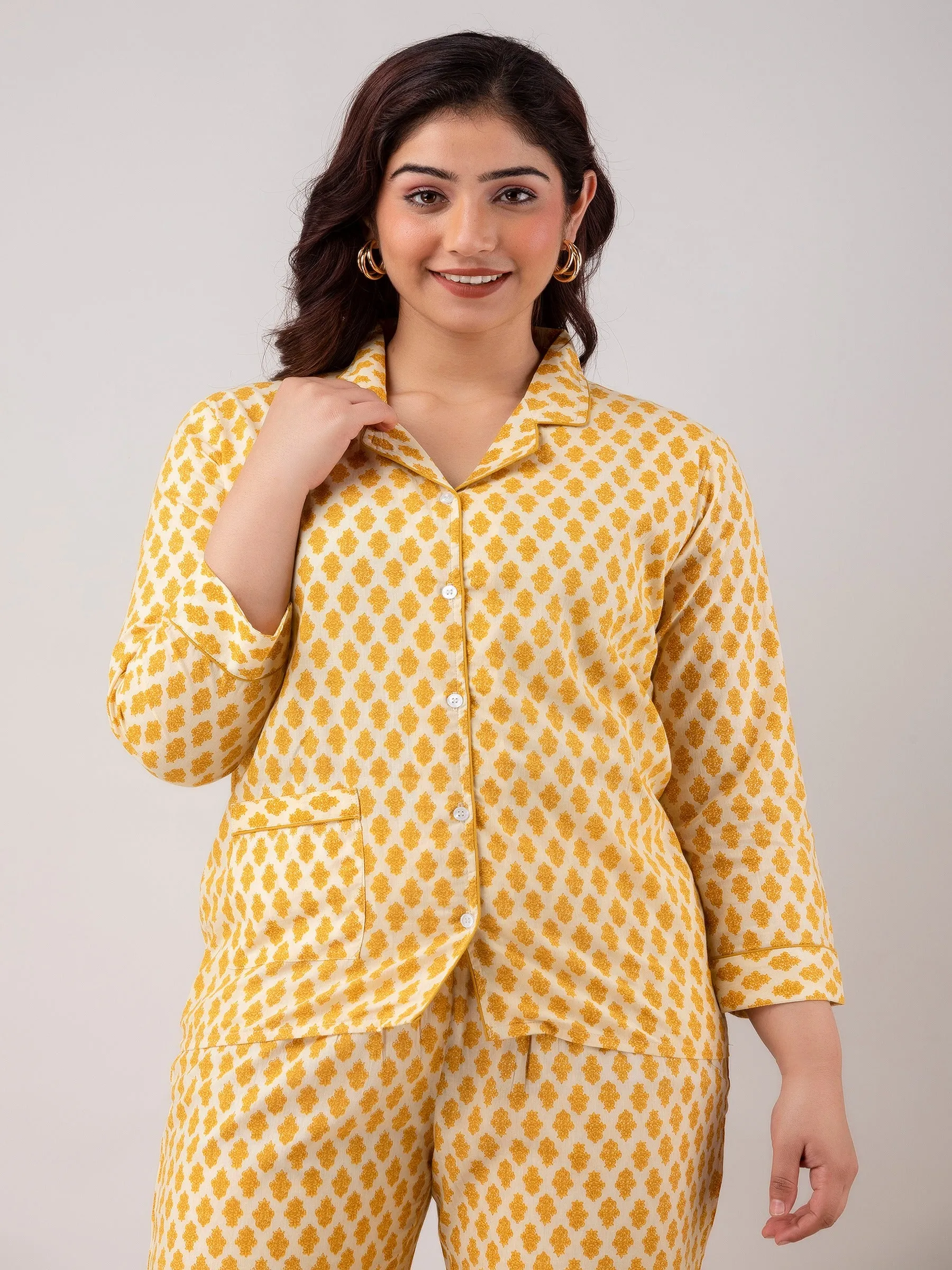Yellow Floral Print Pyjamas & Shirt Night suit with Patch Pocket