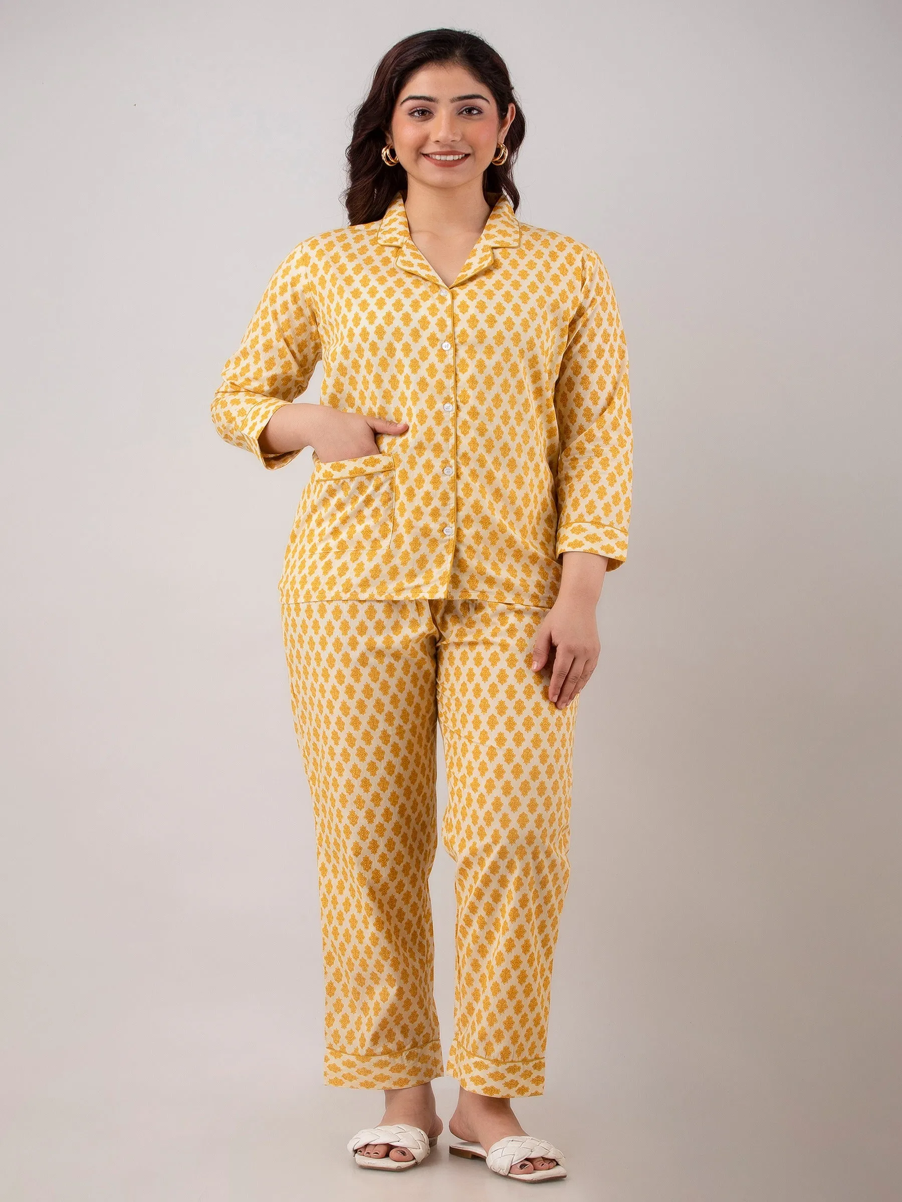 Yellow Floral Print Pyjamas & Shirt Night suit with Patch Pocket