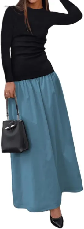 YOXUA Women's Long Sleeve Patchwork A-Line Long Maxi Dress Fall Winter Beach Maxi Dress